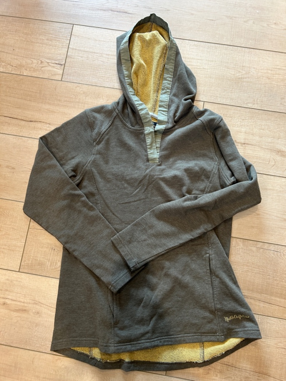 Waffle-Knit Hooded Pullover Sweatshirt in Olive with Yellow Lining women's